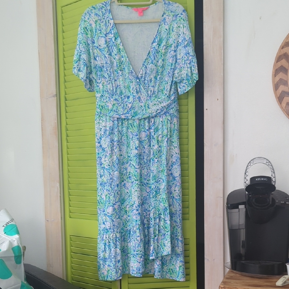 Lilly Pulitzer Floral Blue and Green Dress Sz L